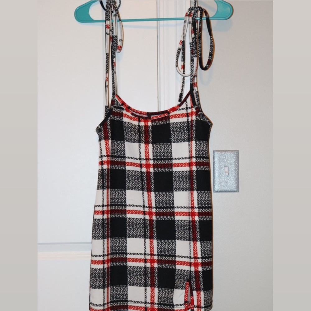 Plaid Tie Shoulders Overall Dress